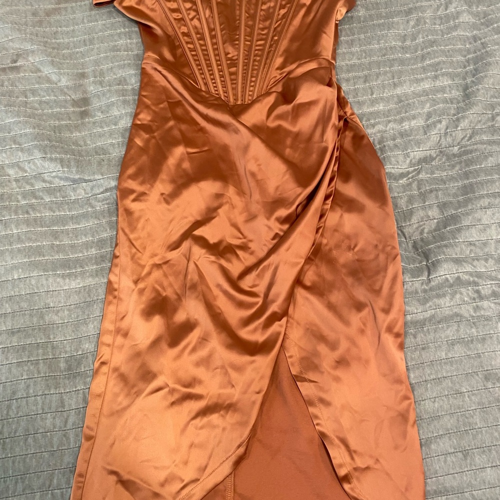 Trendy Boutique Orange Asymmetrical Gown for Wedding Guest